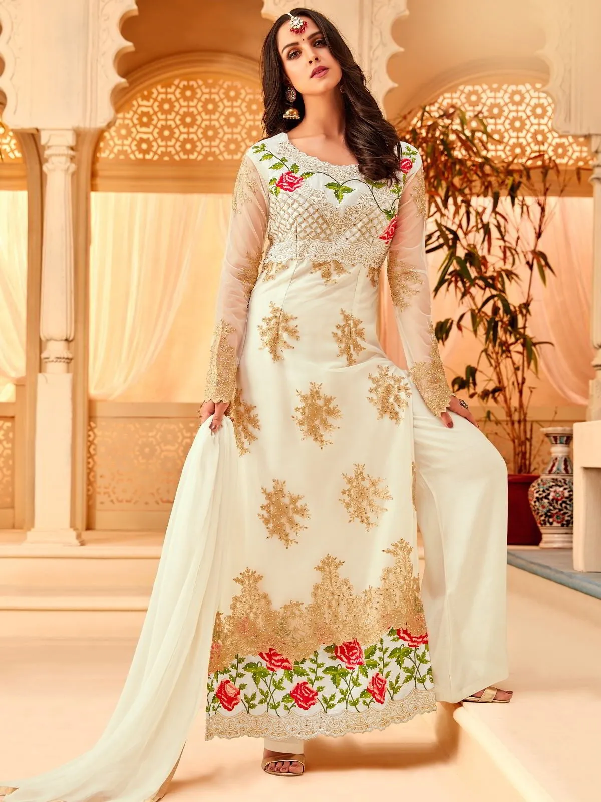 White Overall Multi Embroidered Designer Palazzo Suit