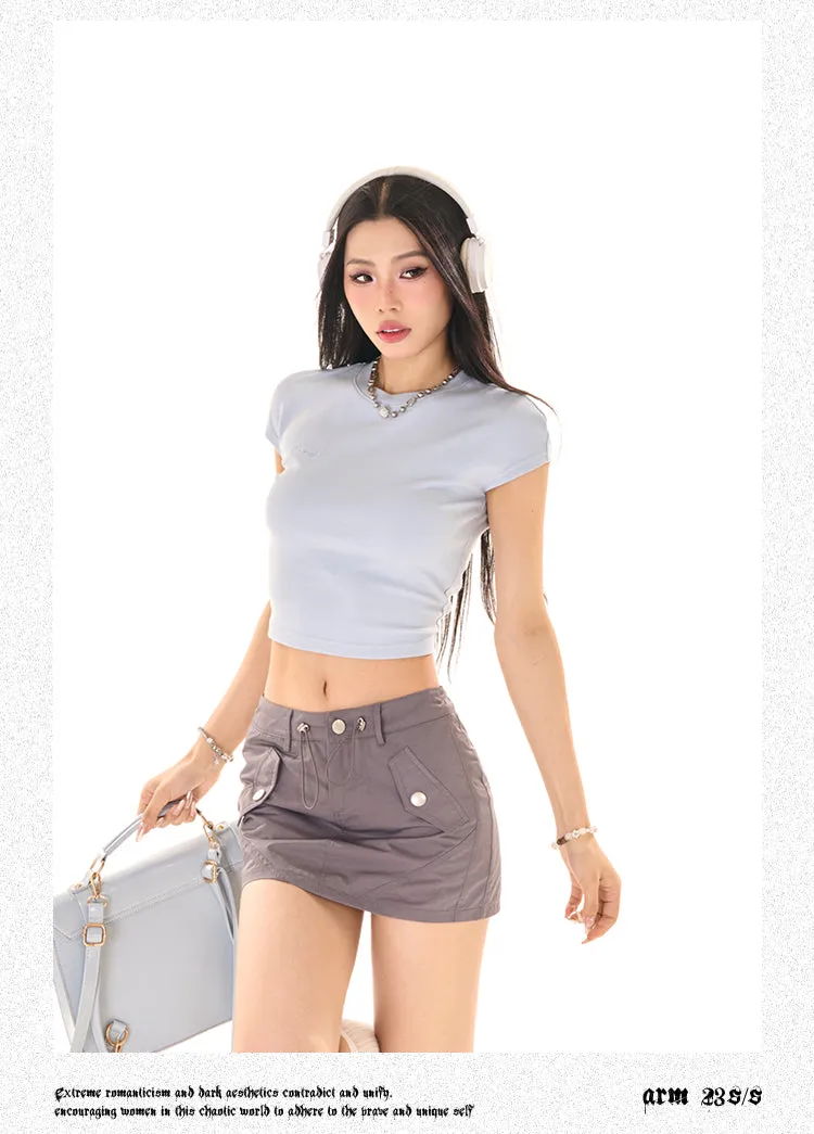 Wild Zerocircle Solid Color Short Sleeve Slim Back Tie Basic Casual Cropped Top