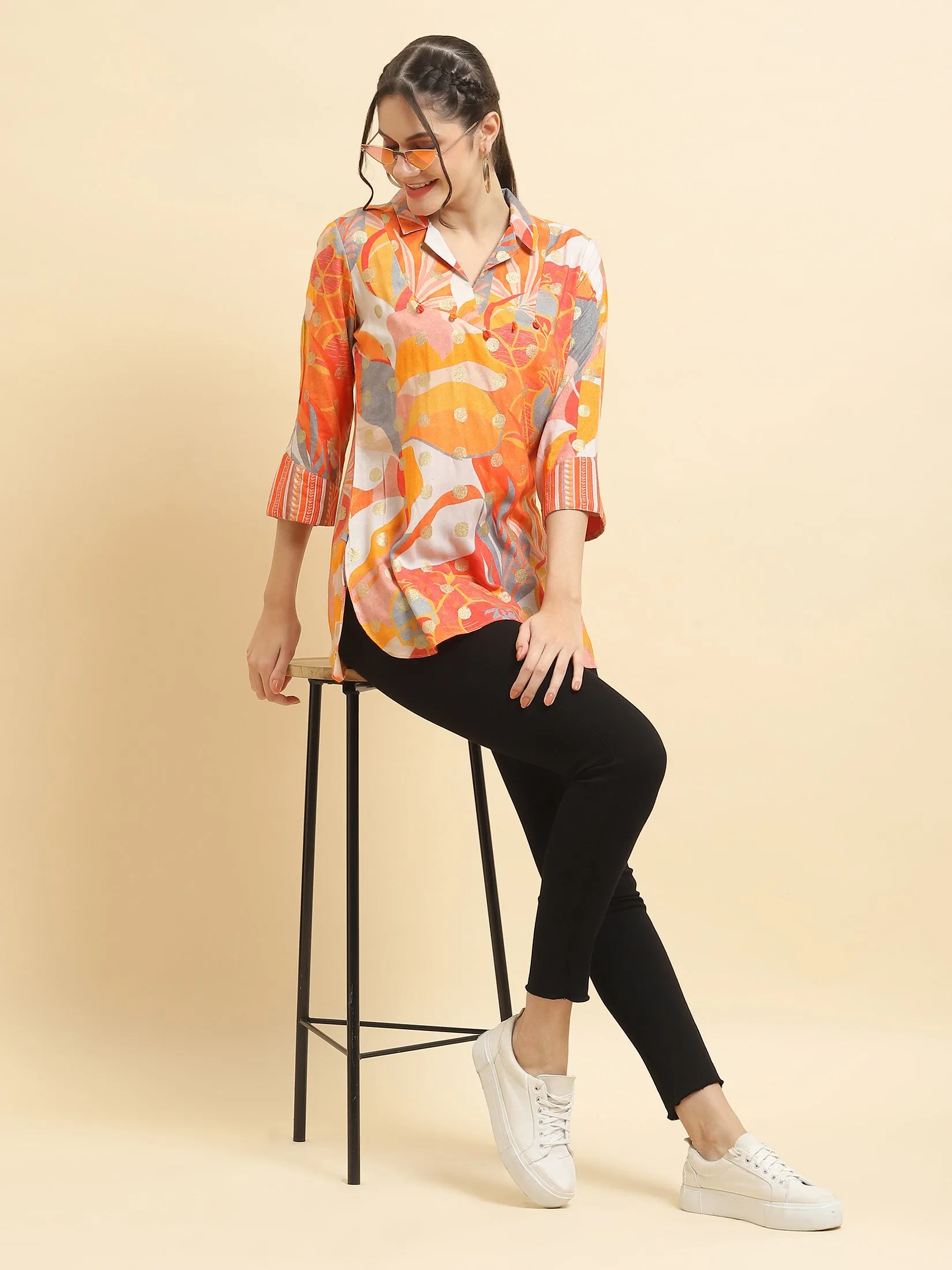 Women Liva Rayon Orange Abstract Print Tunic