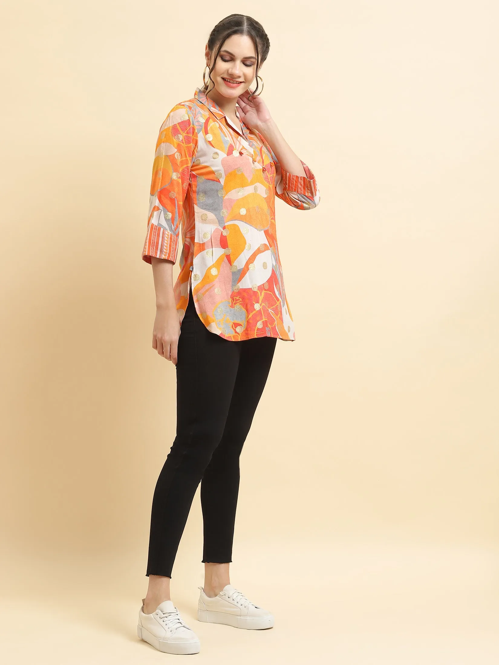 Women Liva Rayon Orange Abstract Print Tunic