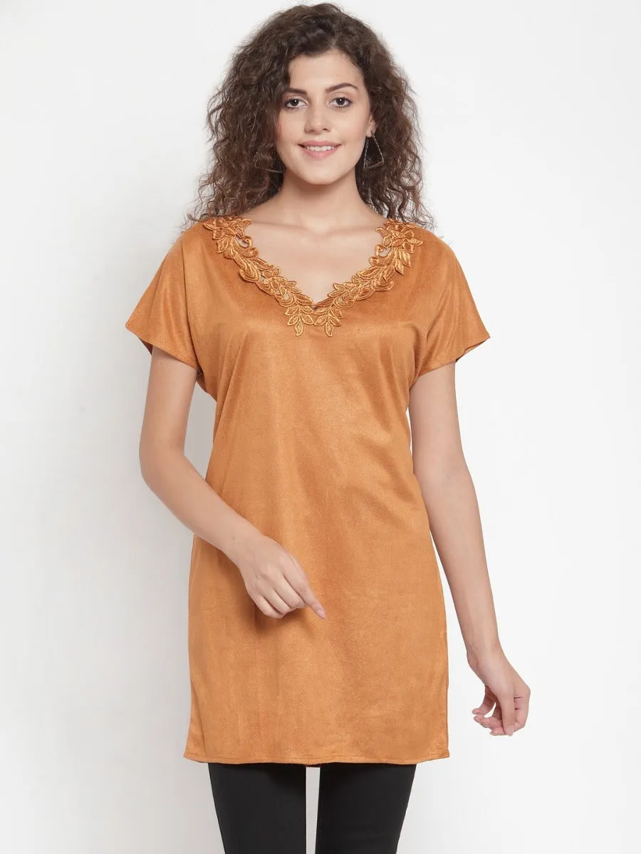 Women Solid Brown V-Neck Tunic