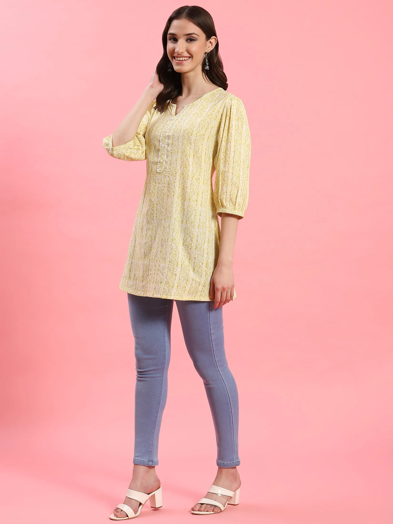 Women Yellow Round Neck Tunic