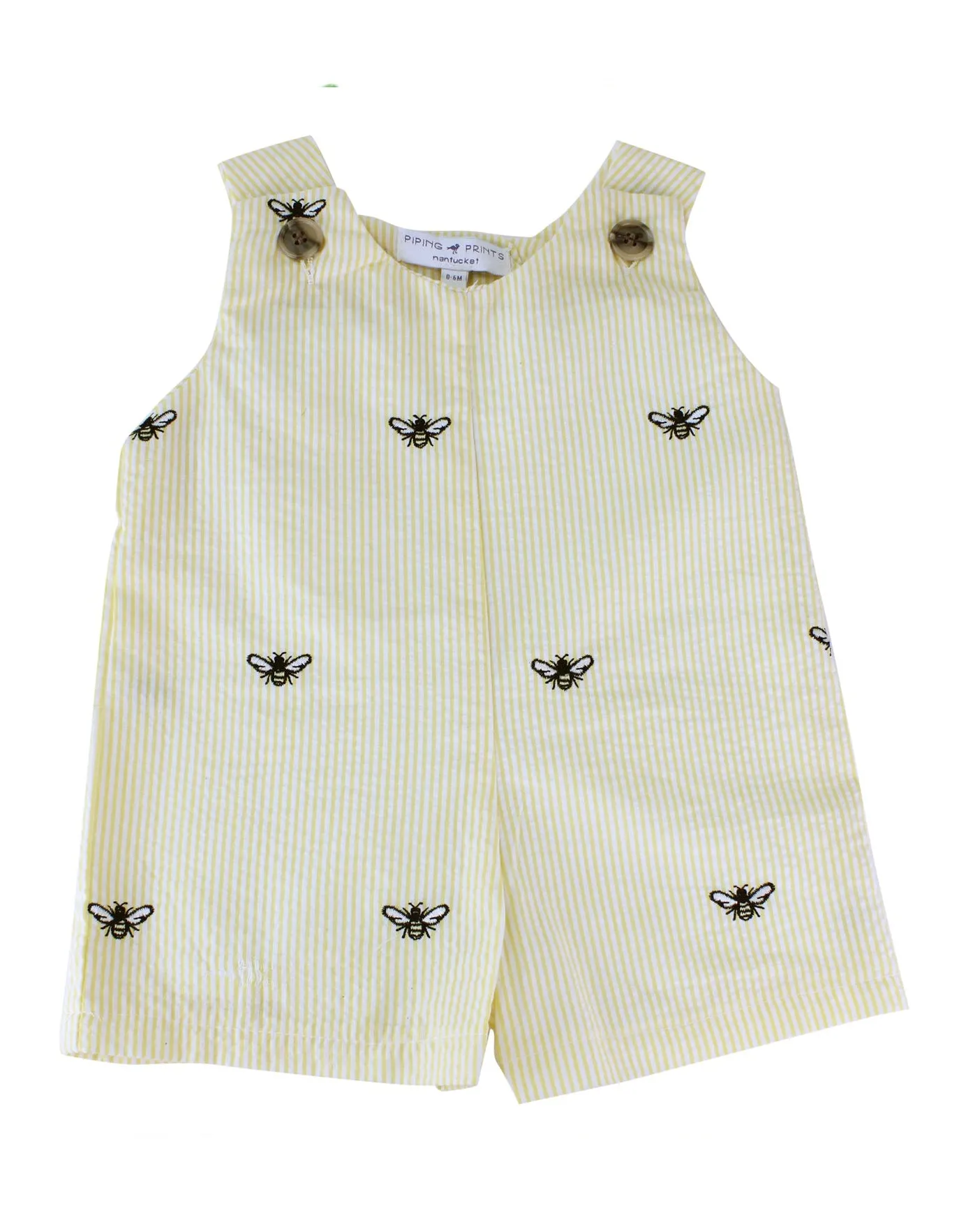 Yellow Seersucker Baby Romper with Embroidered Honeybees