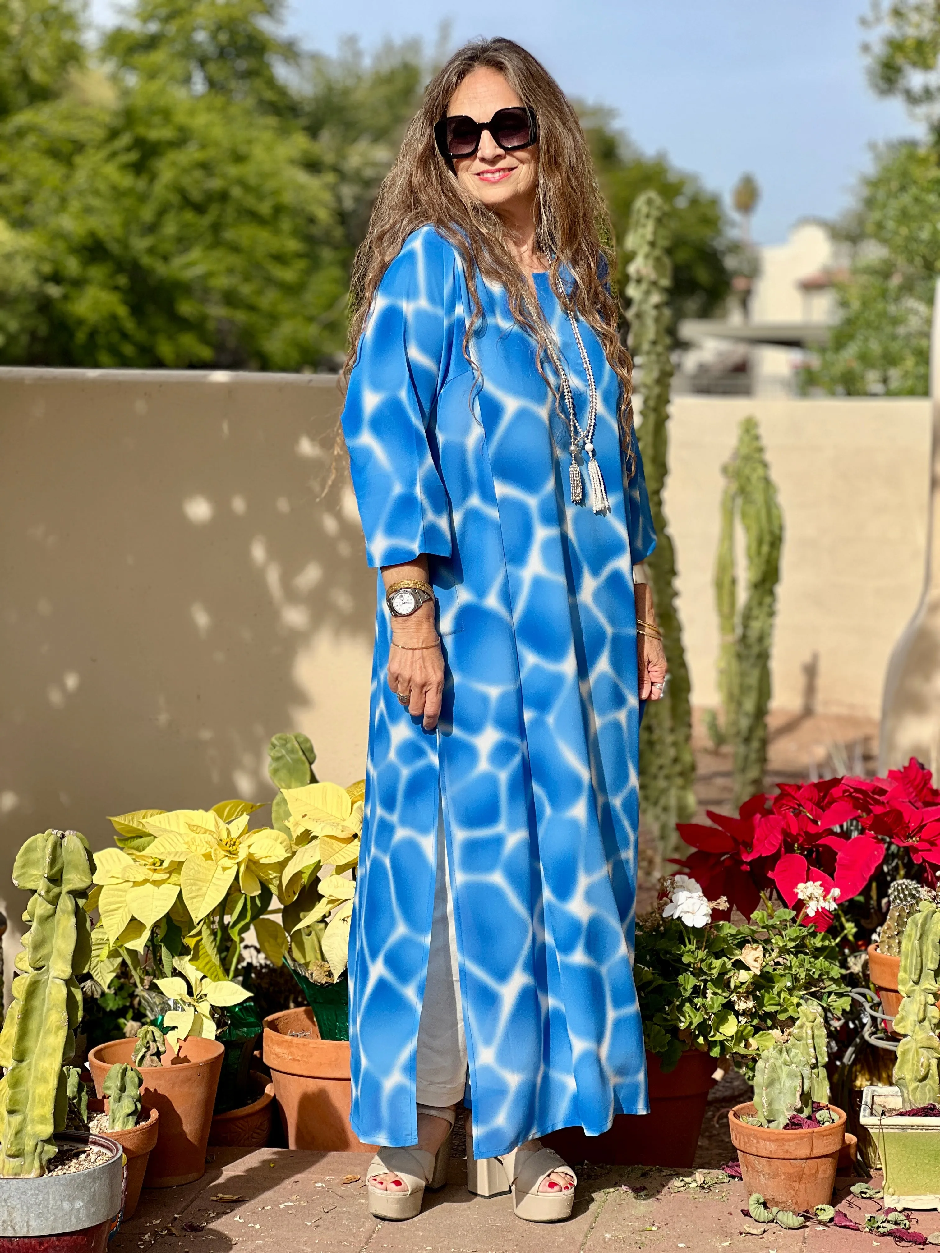 Zirafa Giraffa Pool Blue Italian Silk Long Tunic